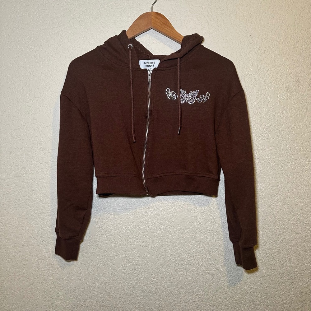 Rue21‎ Women Small Favorite Hoodie Chocolate Brown Butterfly Rhinestone Crop Y2K